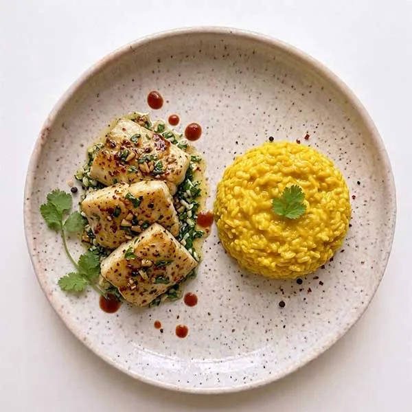 Lemon garlic Tawa Fish with Turmeric Risotto